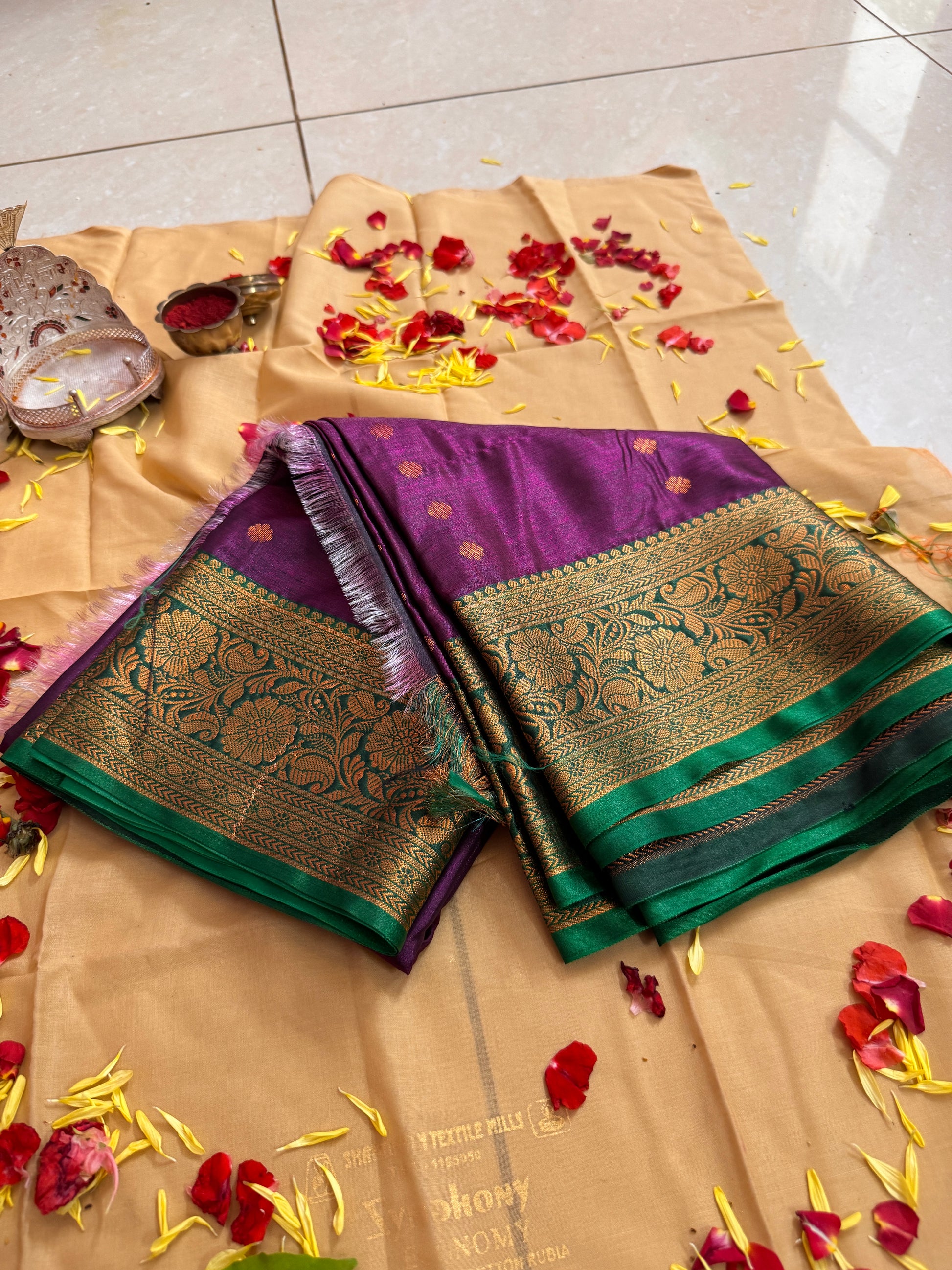 Divine Purple Silk Saree with Green Zari Border – Offered at Sri Valli Devasena Sametha Sri Subramanya Swamy Temple