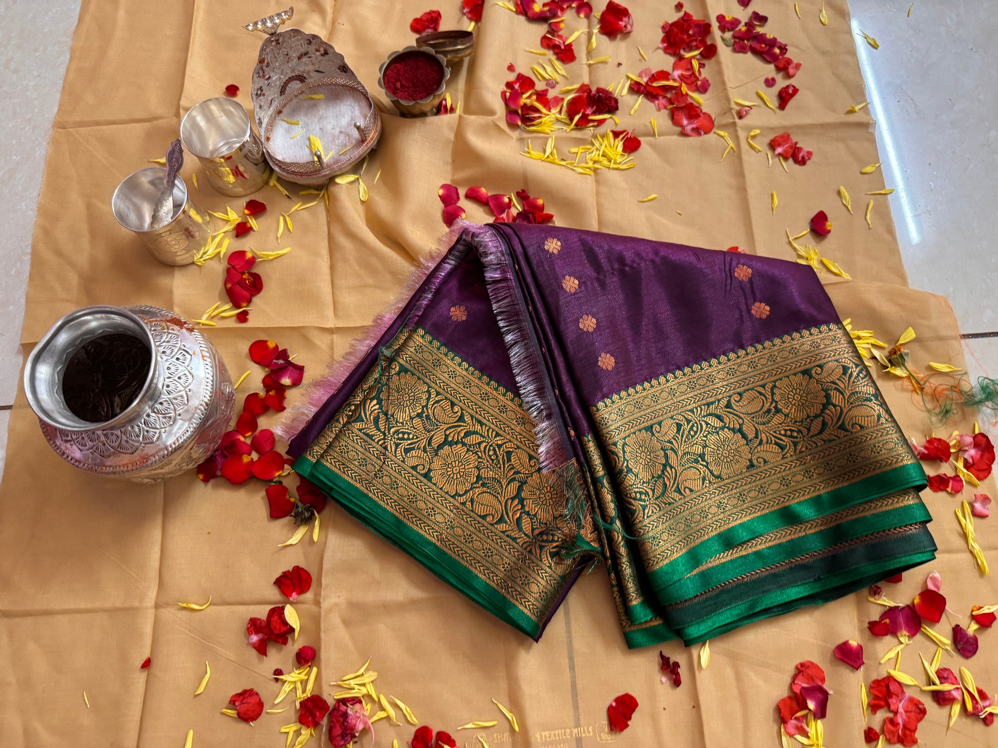 Divine Purple Silk Saree with Green Zari Border – Offered at Sri Valli Devasena Sametha Sri Subramanya Swamy Temple