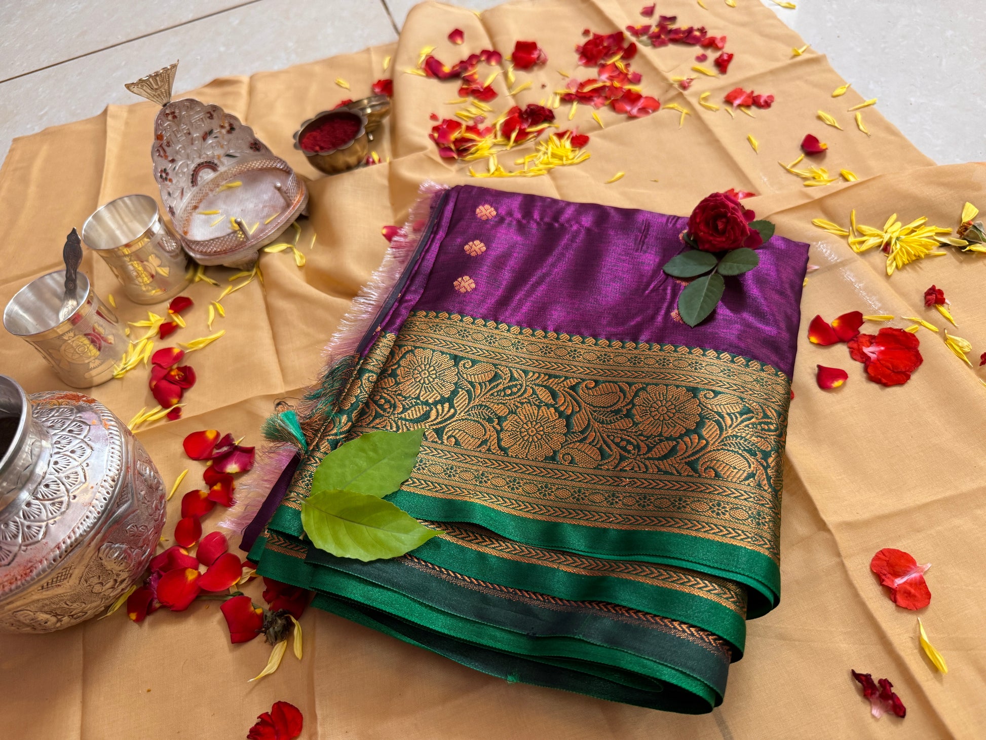 Divine Purple Silk Saree with Green Zari Border – Offered at Sri Valli Devasena Sametha Sri Subramanya Swamy Temple