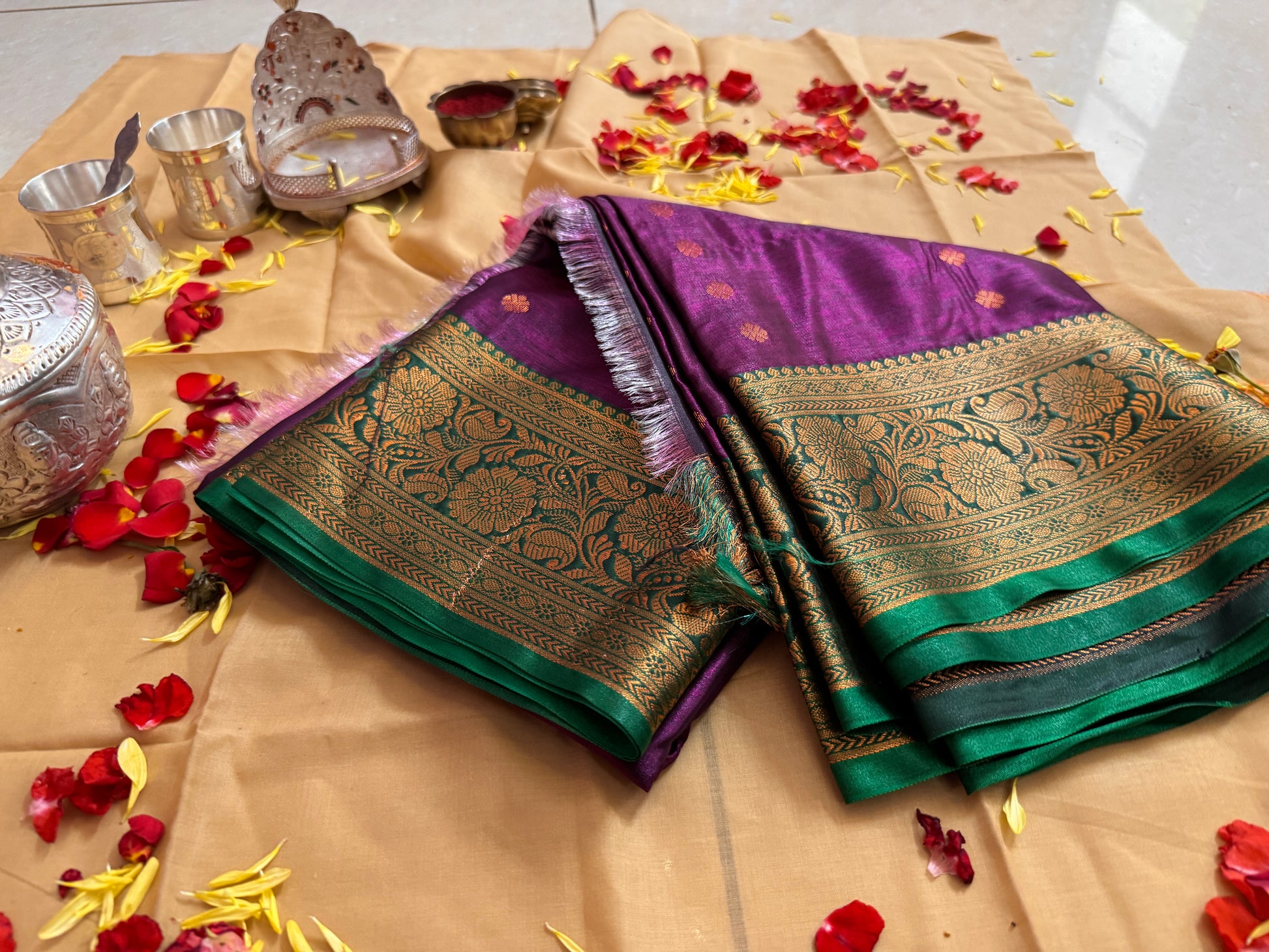 Divine Purple Silk Saree with Green Zari Border – Offered at Sri Valli Devasena Sametha Sri Subramanya Swamy Temple