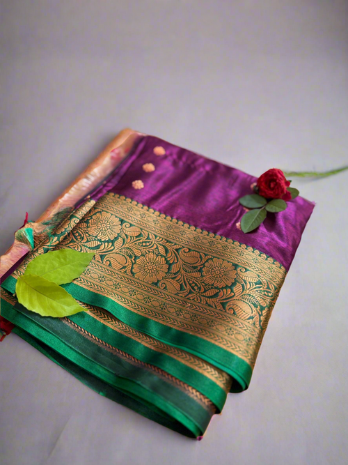 Divine Purple Silk Saree with Green Zari Border – Offered at Sri Valli Devasena Sametha Sri Subramanya Swamy Temple