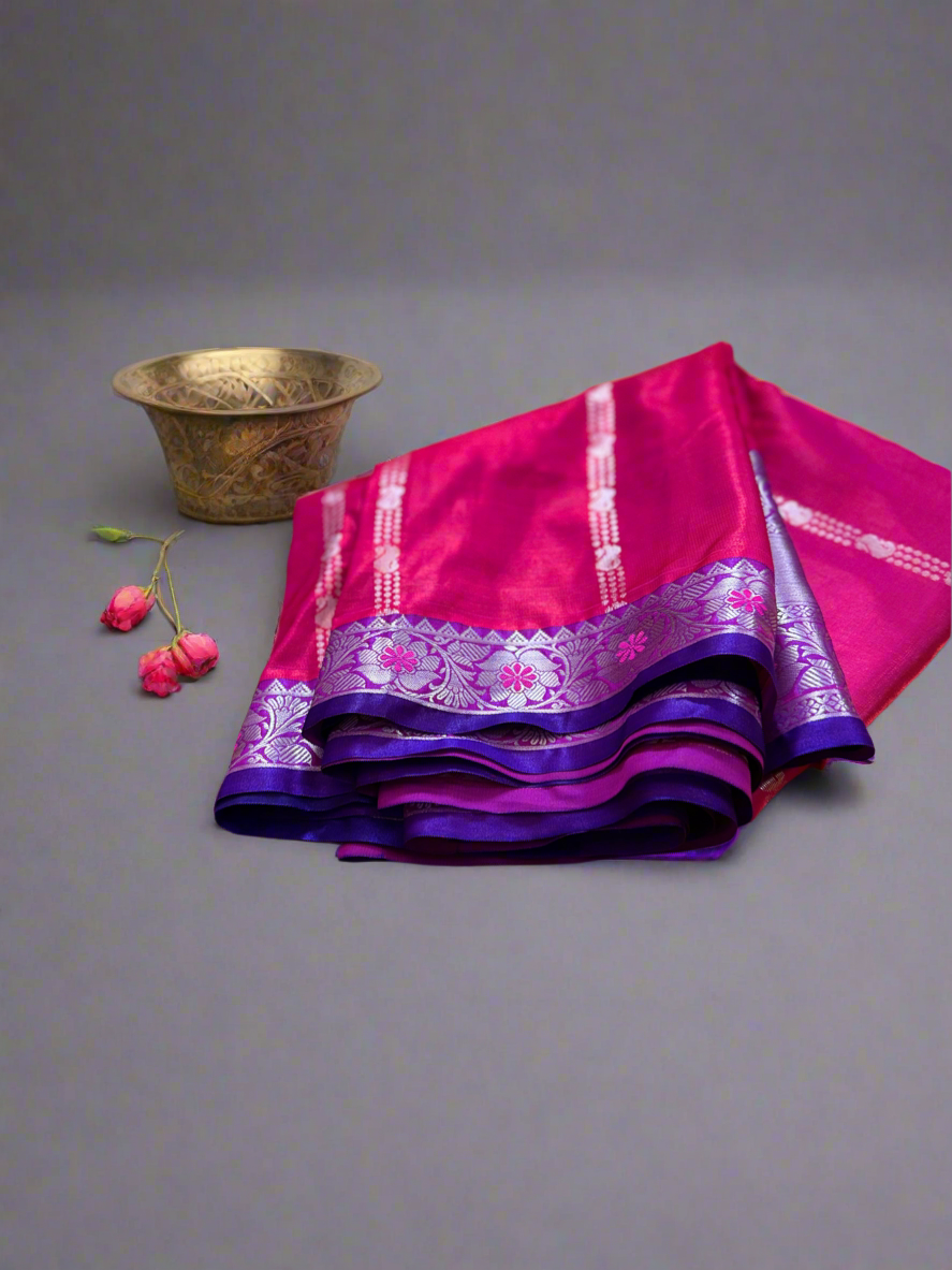 Temple Blessed Saree – Pink with Violet Zari Border