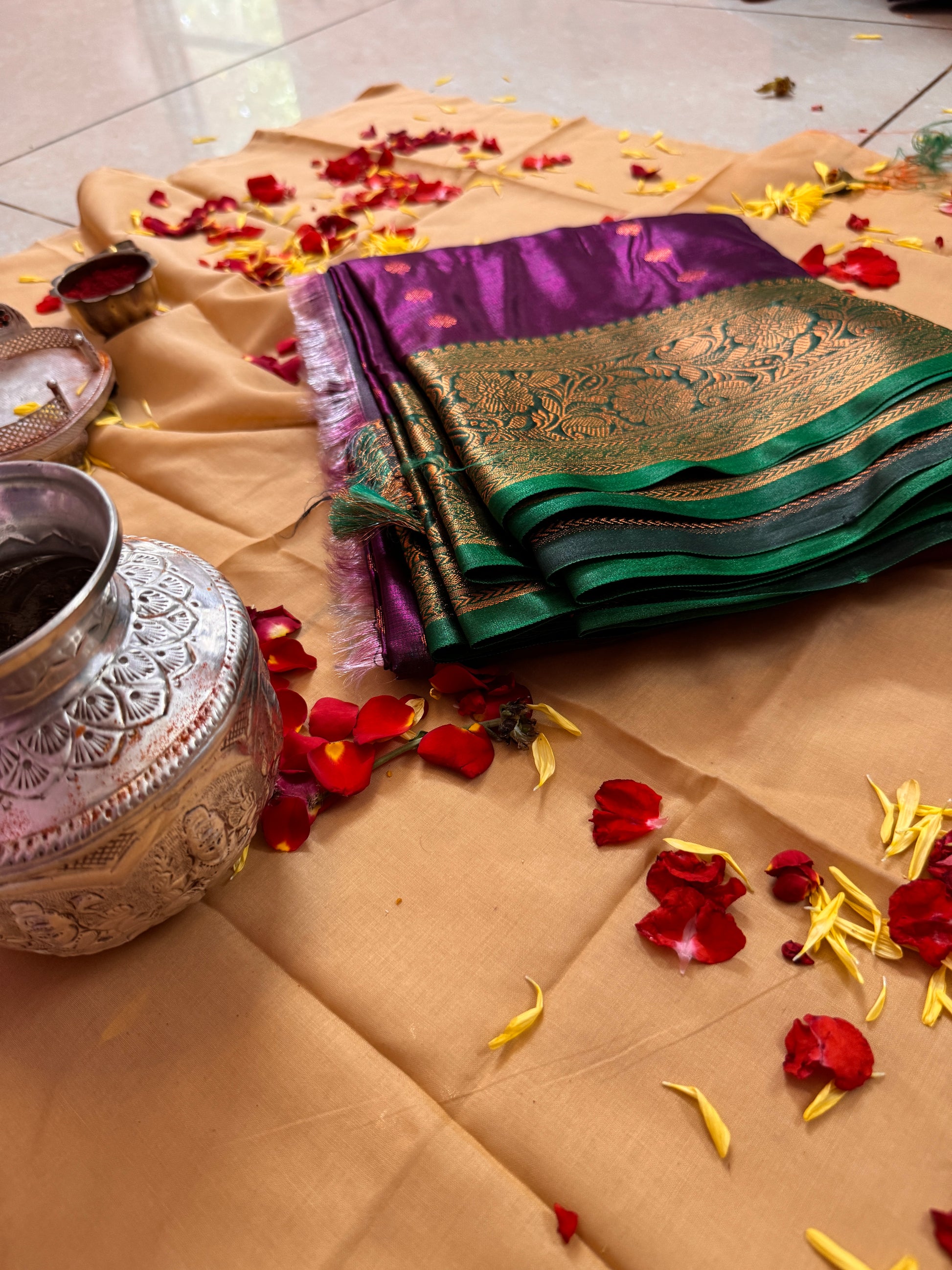 Divine Purple Silk Saree with Green Zari Border – Offered at Sri Valli Devasena Sametha Sri Subramanya Swamy Temple