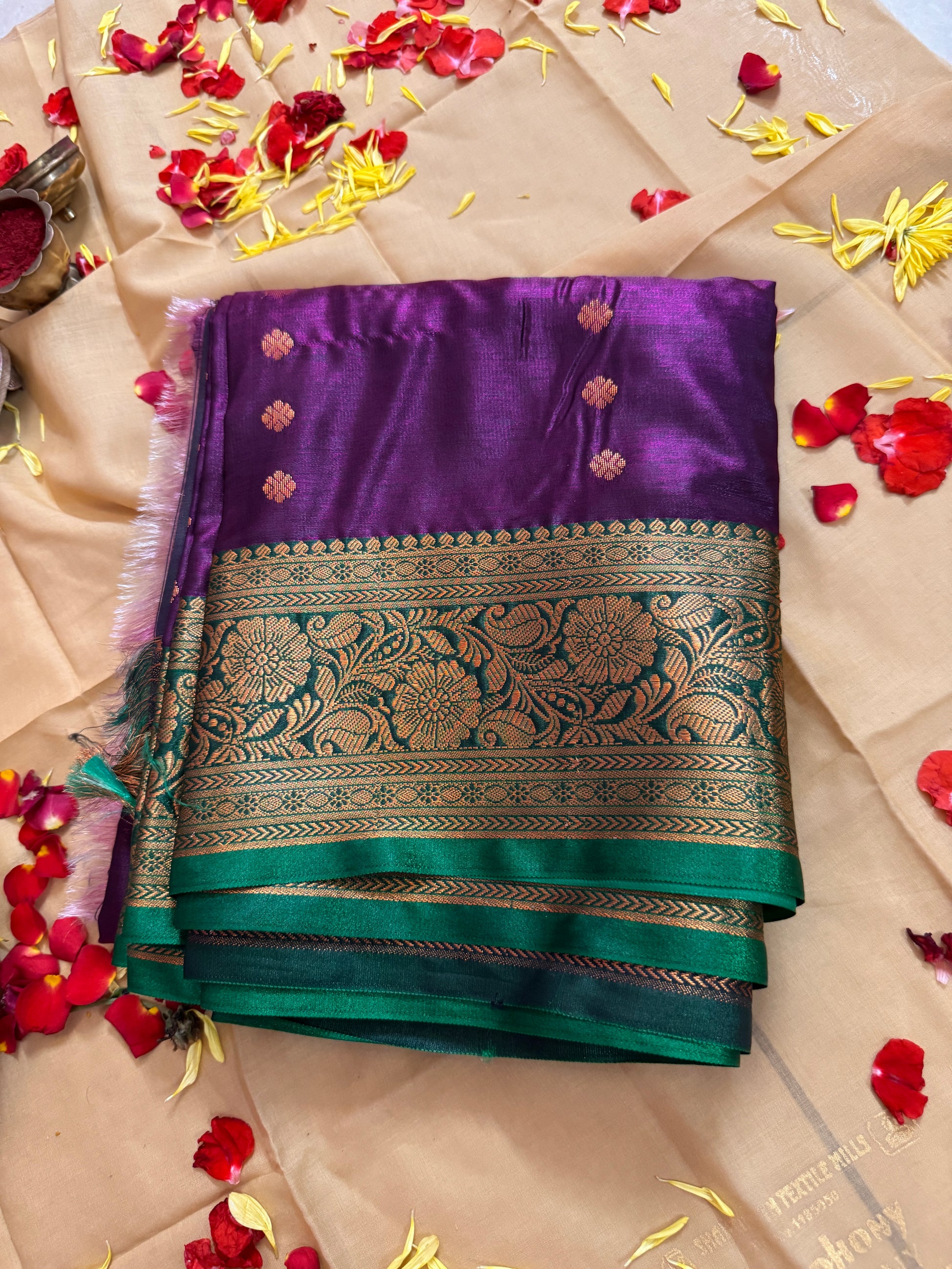 Divine Purple Silk Saree with Green Zari Border – Offered at Sri Valli Devasena Sametha Sri Subramanya Swamy Temple