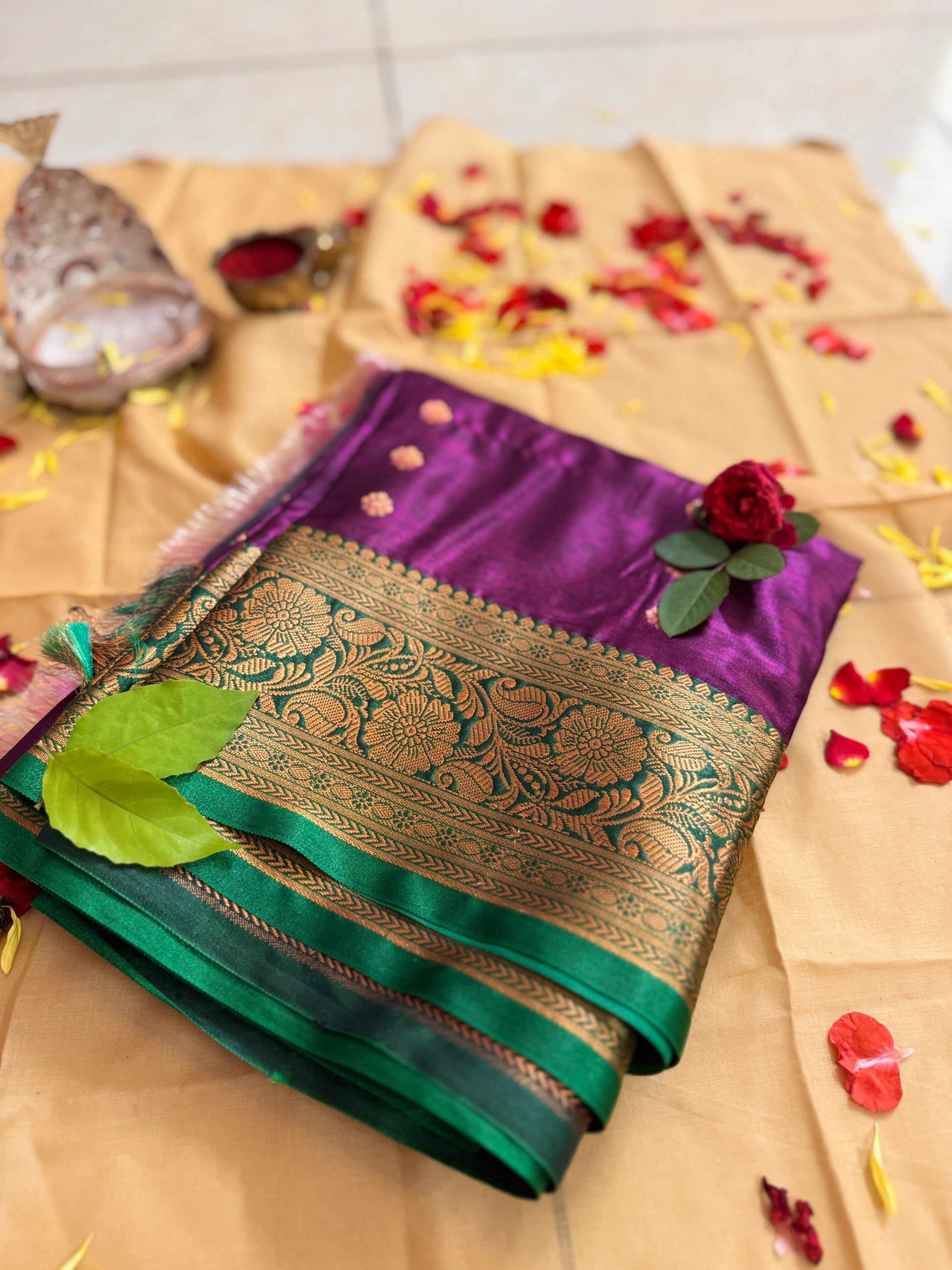Divine Purple Silk Saree with Green Zari Border – Offered at Sri Valli Devasena Sametha Sri Subramanya Swamy Temple