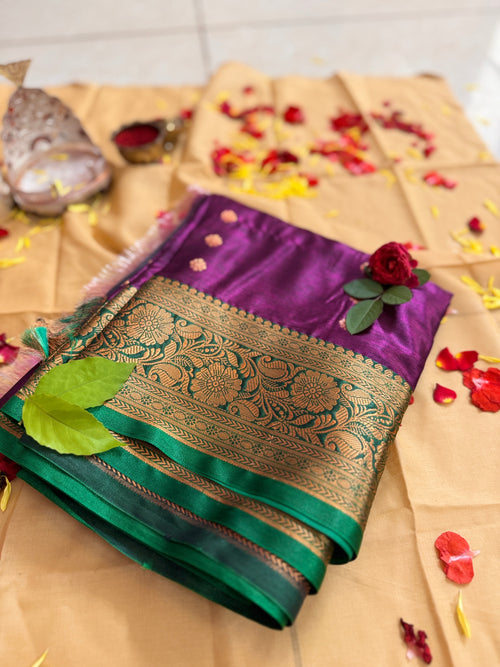 Divine Purple Silk Saree with Green Zari Border – Offered at Sri Valli Devasena Sametha Sri Subramanya Swamy Temple