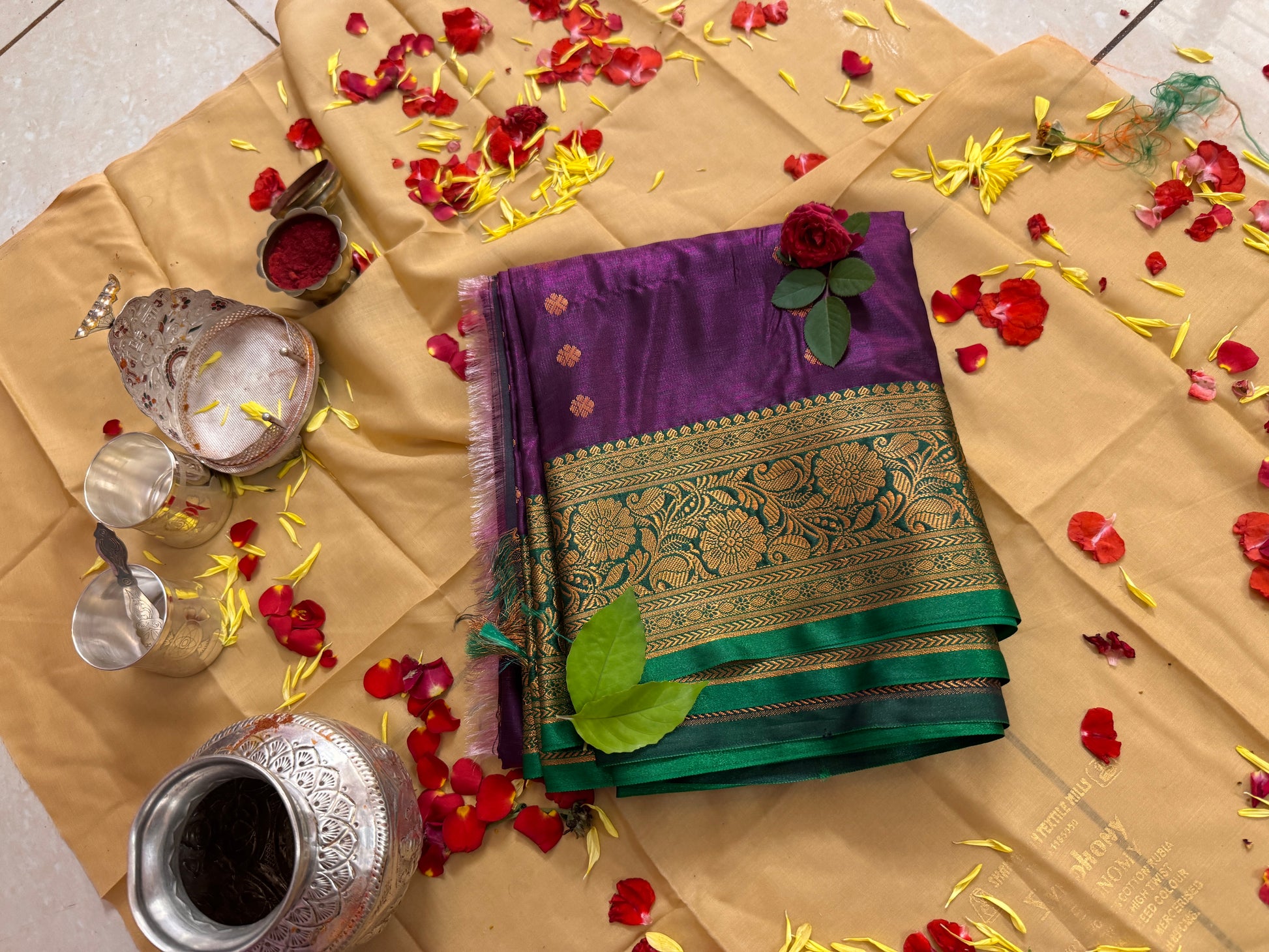 Divine Purple Silk Saree with Green Zari Border – Offered at Sri Valli Devasena Sametha Sri Subramanya Swamy Temple
