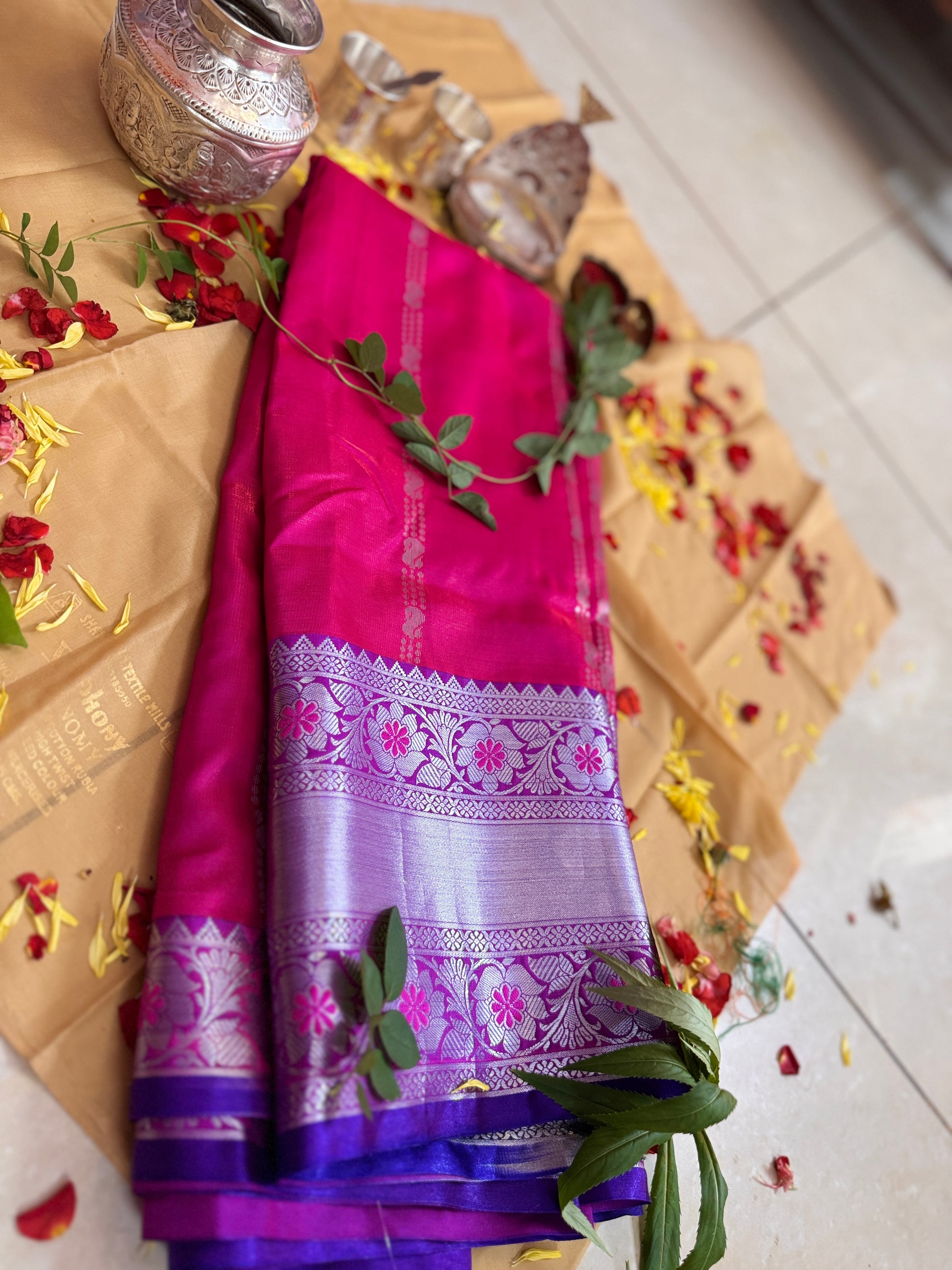 Temple Blessed Saree – Pink with Violet Zari Border