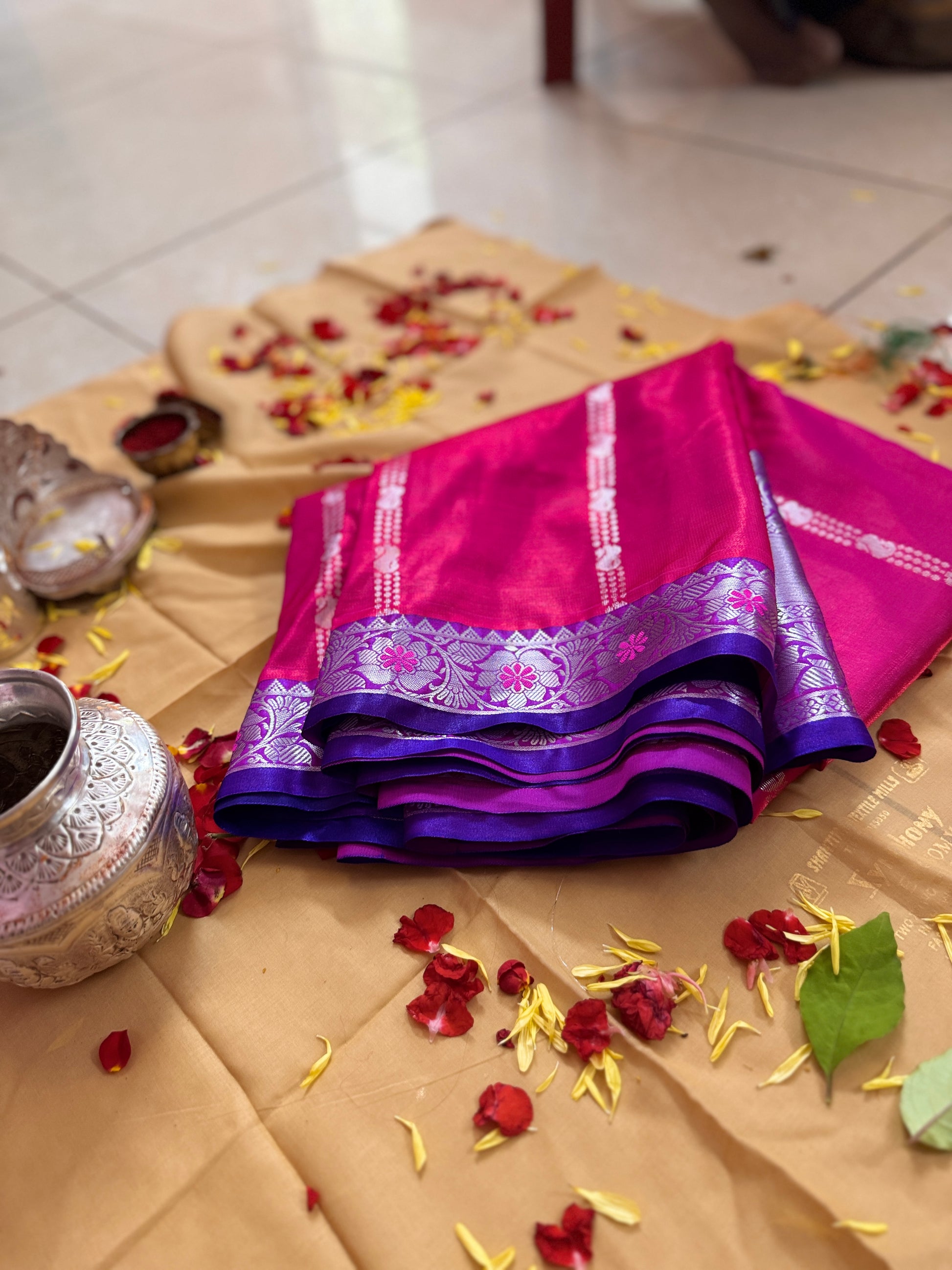 Temple Blessed Saree – Pink with Violet Zari Border