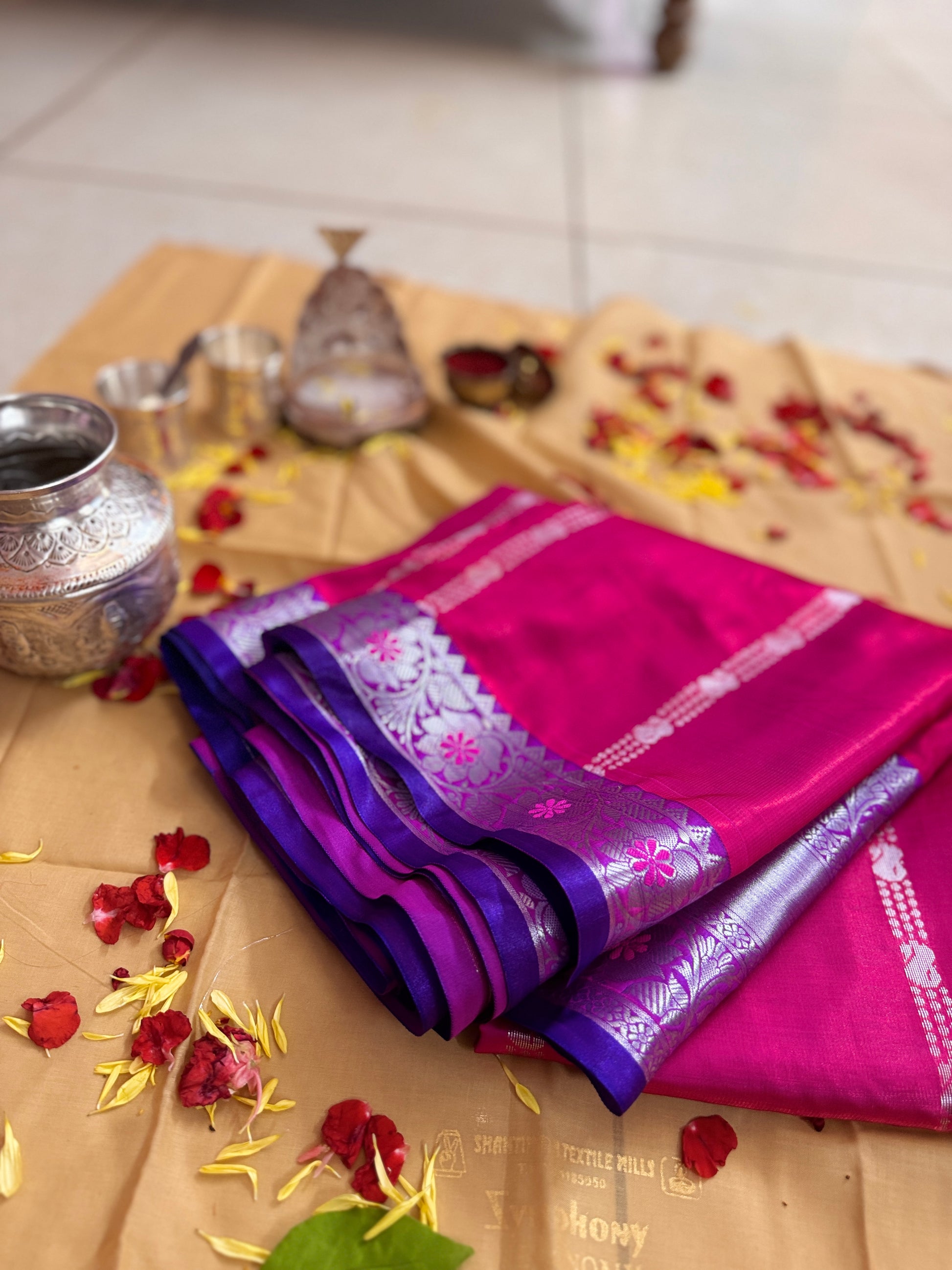 Temple Blessed Saree – Pink with Violet Zari Border