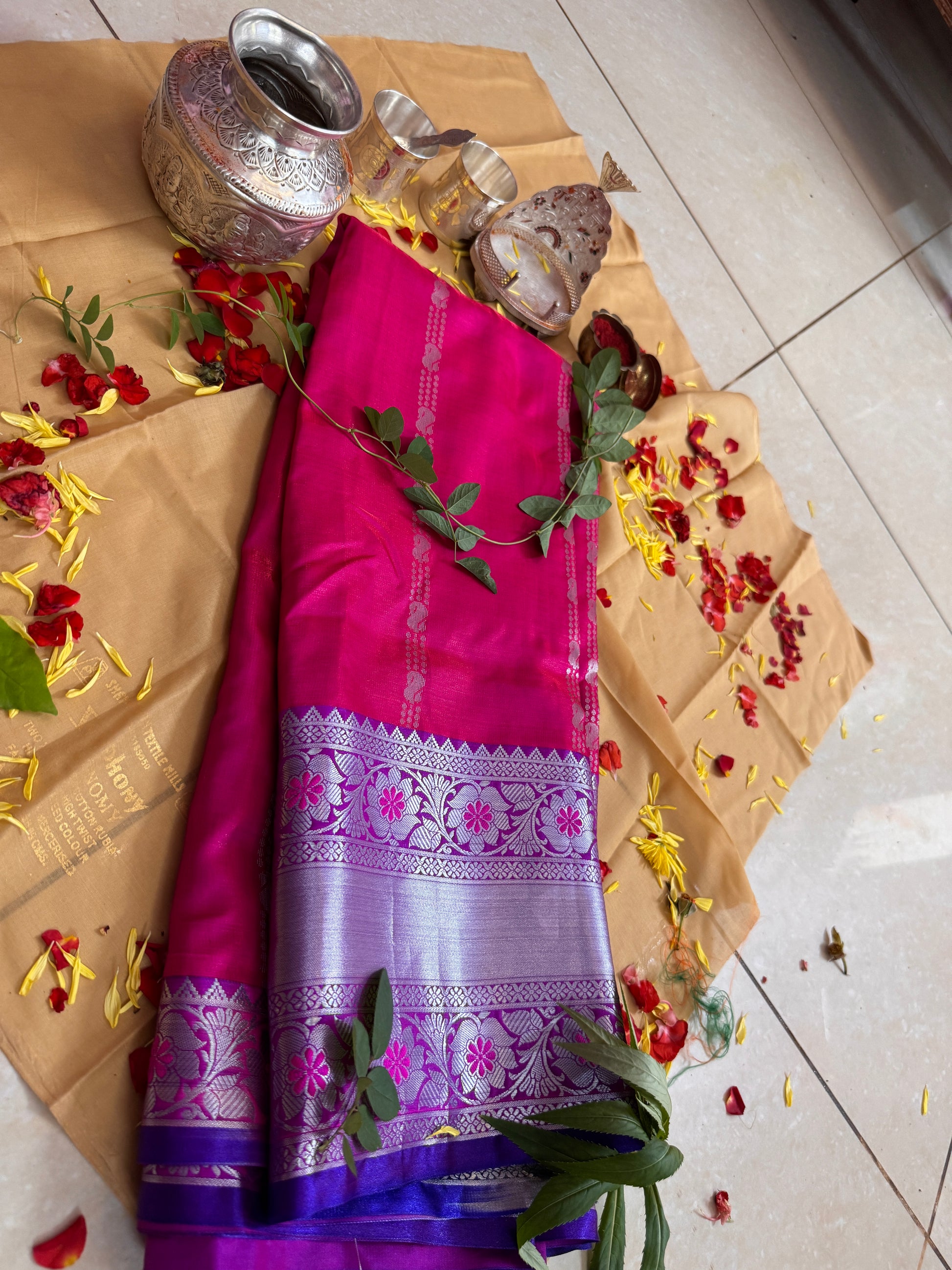 Temple Blessed Saree – Pink with Violet Zari Border