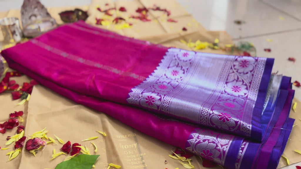 Temple Blessed Saree – Pink with Violet Zari Border