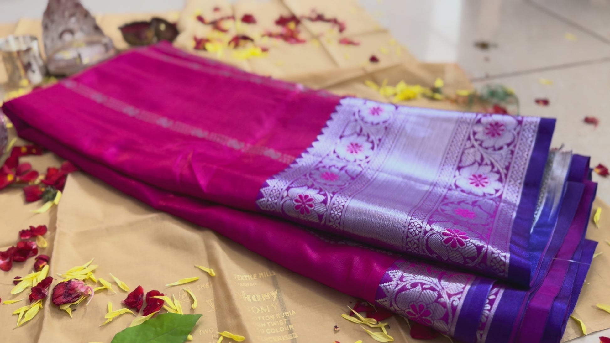 Temple Blessed Saree – Pink with Violet Zari Border